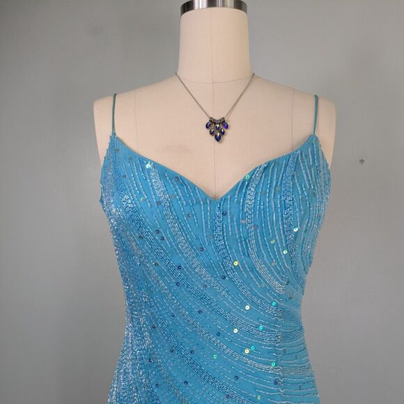 Silk Prom Dress Maxi Gown 10 Blue Vintage Y2K Fairy Glam Bead Princess Slit Bead - Picture 4 of 15